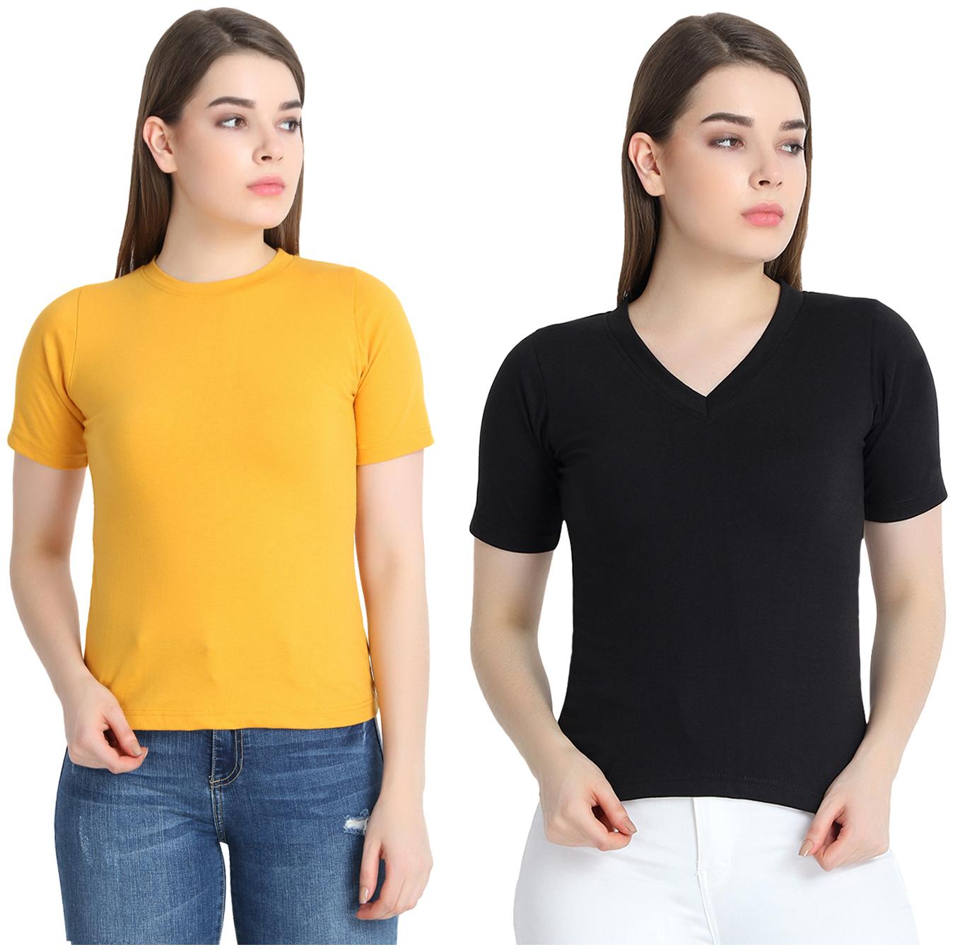 

SNAYATI Women Yellow Black Regular fit Round neck Cotton T shirt