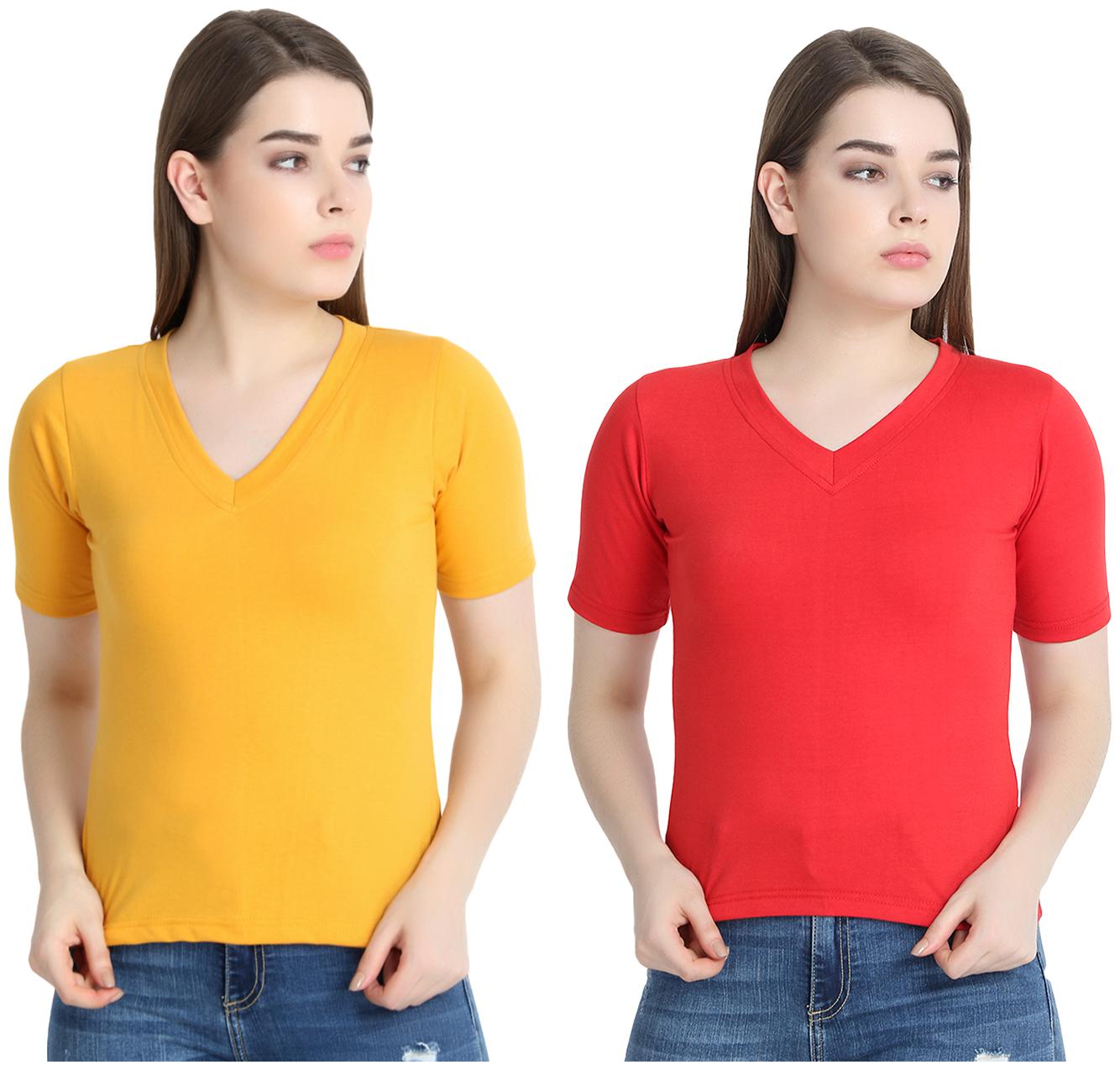 

SNAYATI Women Yellow Red Regular fit V neck Cotton T shirt