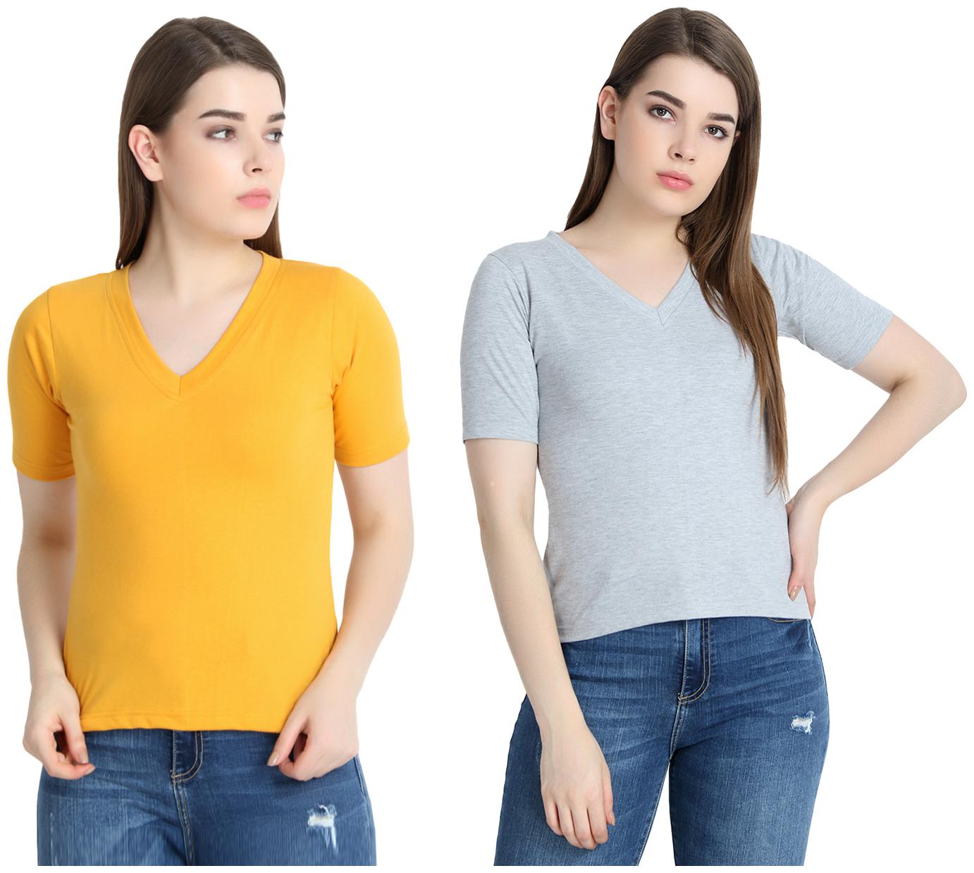 

SNAYATI Women Yellow Grey Regular fit V neck Cotton T shirt
