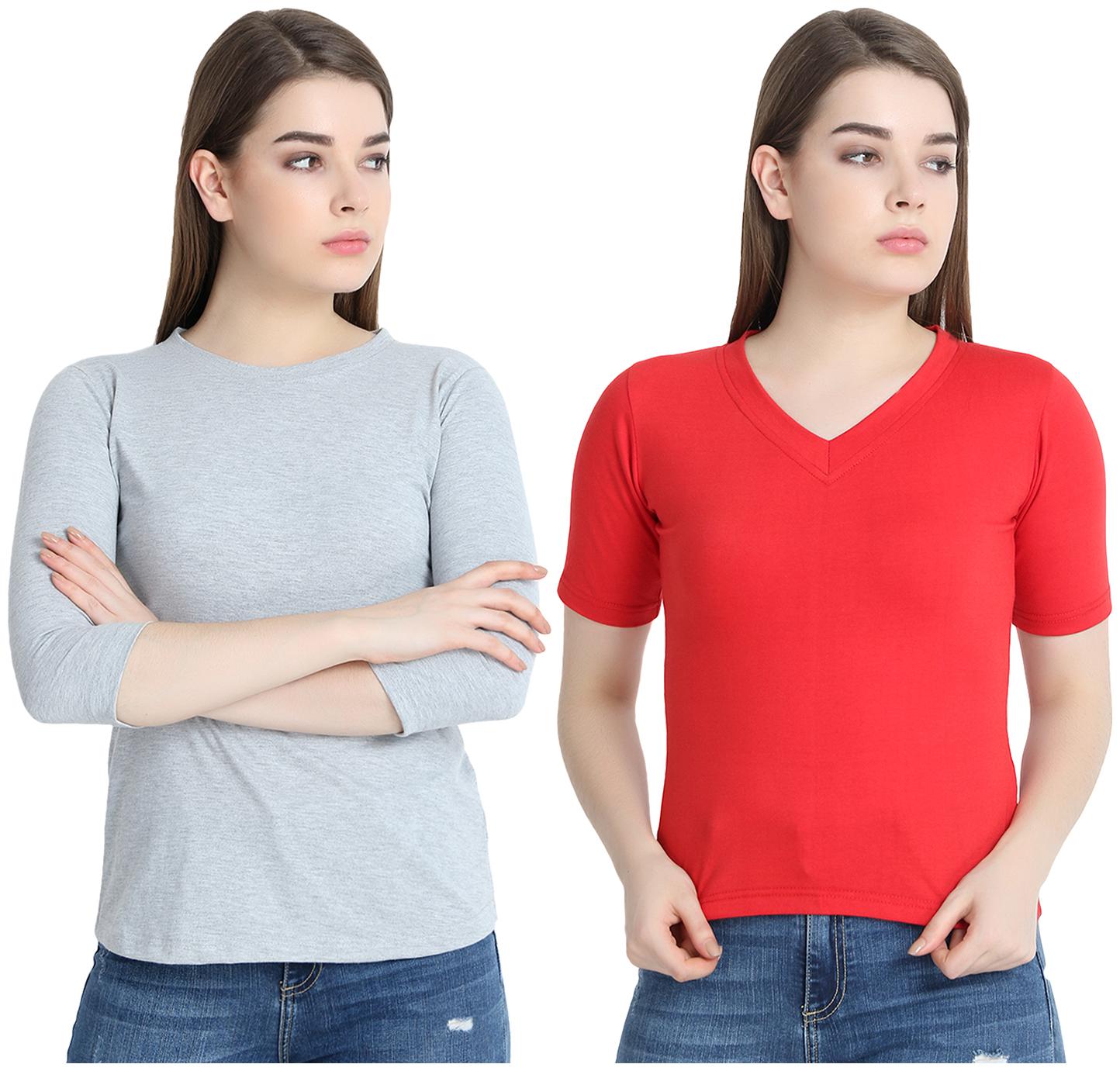 

SNAYATI Women Grey Red Regular fit Round neck Cotton T shirt