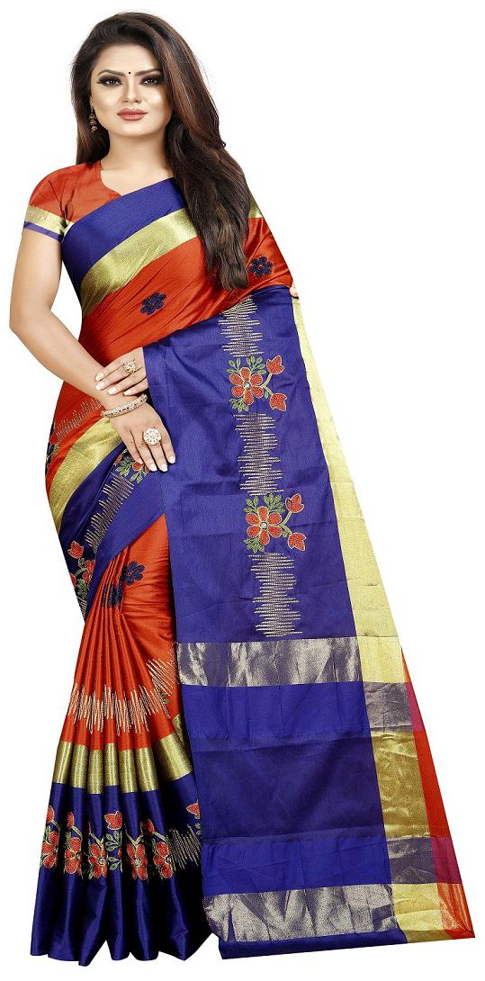 

SNH EXPORT Orange Blue Woven Universal Designer Saree With Blouse With blouse
