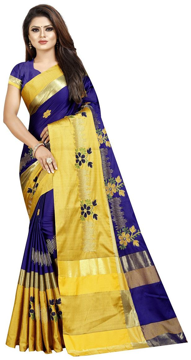 

SNH EXPORT Blue Yellow Embroidered Universal Designer Saree With Blouse With blouse