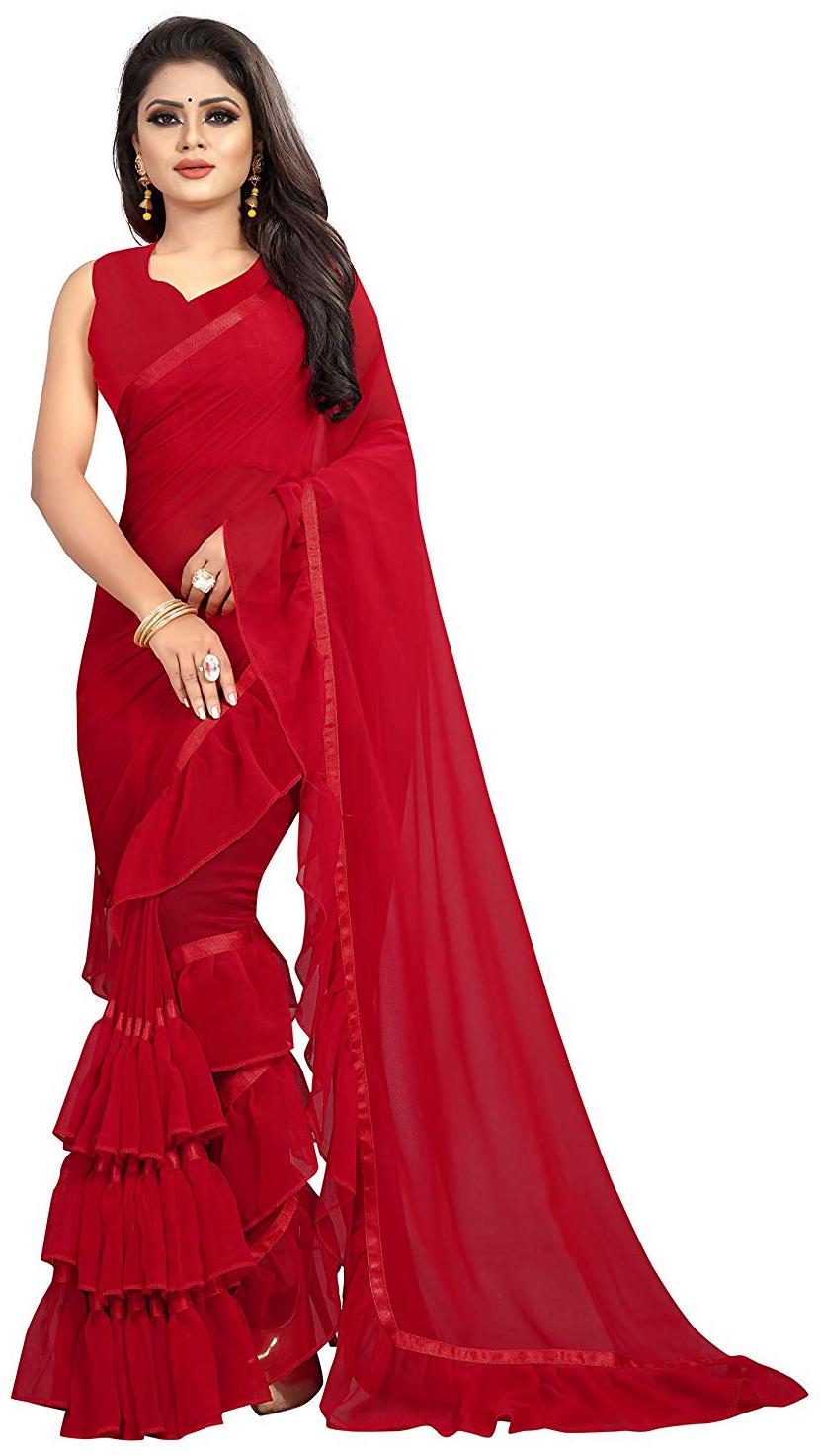

SNH EXPORT Red Solid Universal Ready Pleated Saree With Blouse With blouse