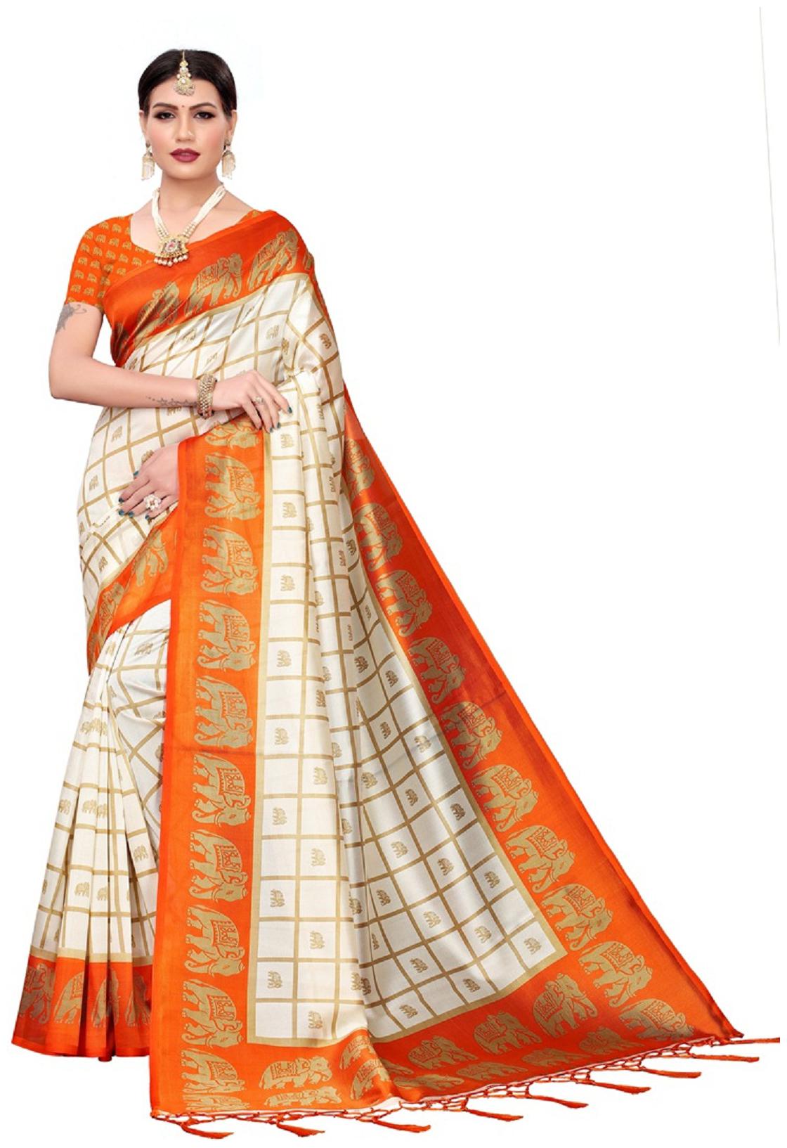 

SNH EXPORT Women Polycotton Checkered Saree Orange Cream