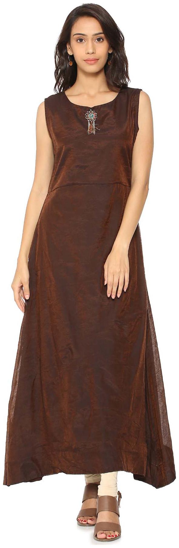 

Soch A Line Printed Chanderi Brown Kurti