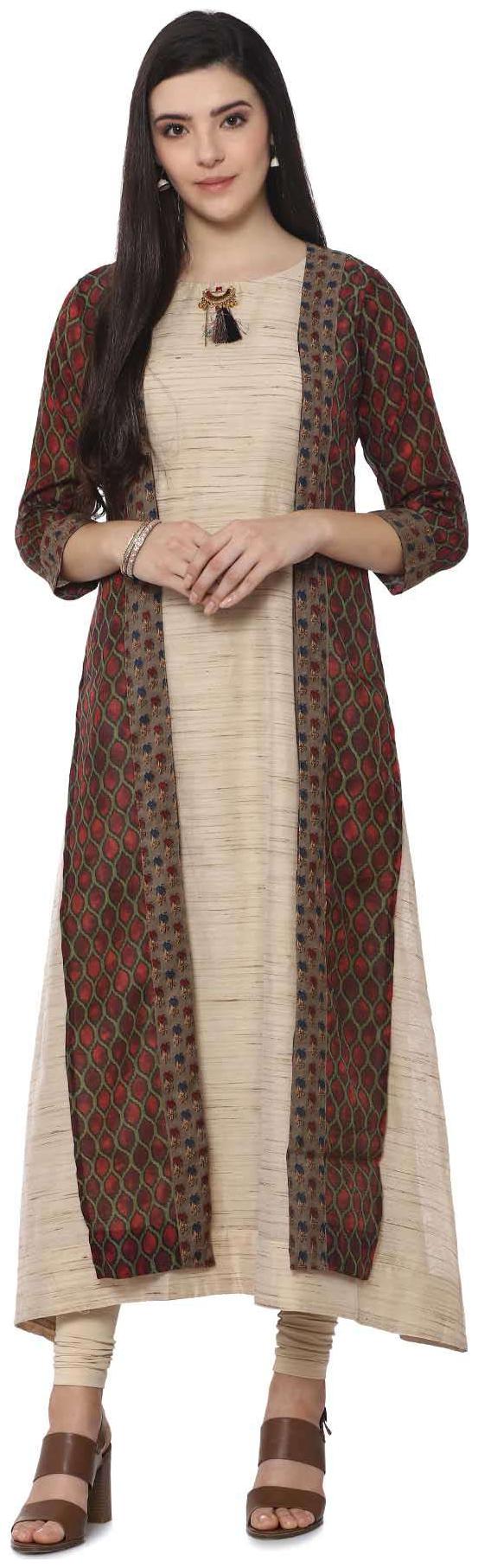 

Soch Beige Anarkali Printed Chanderi Kurti
