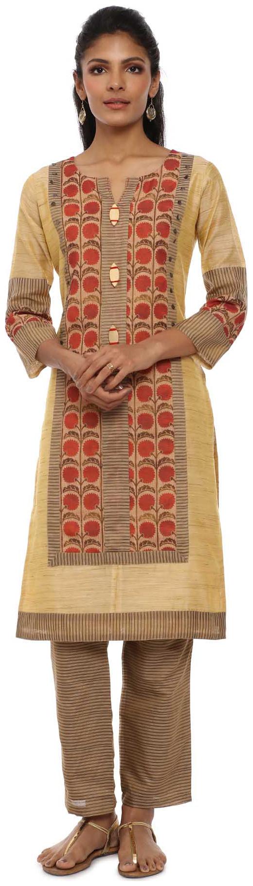 

Soch Beige Printed Straight Chanderi Kurti Set
