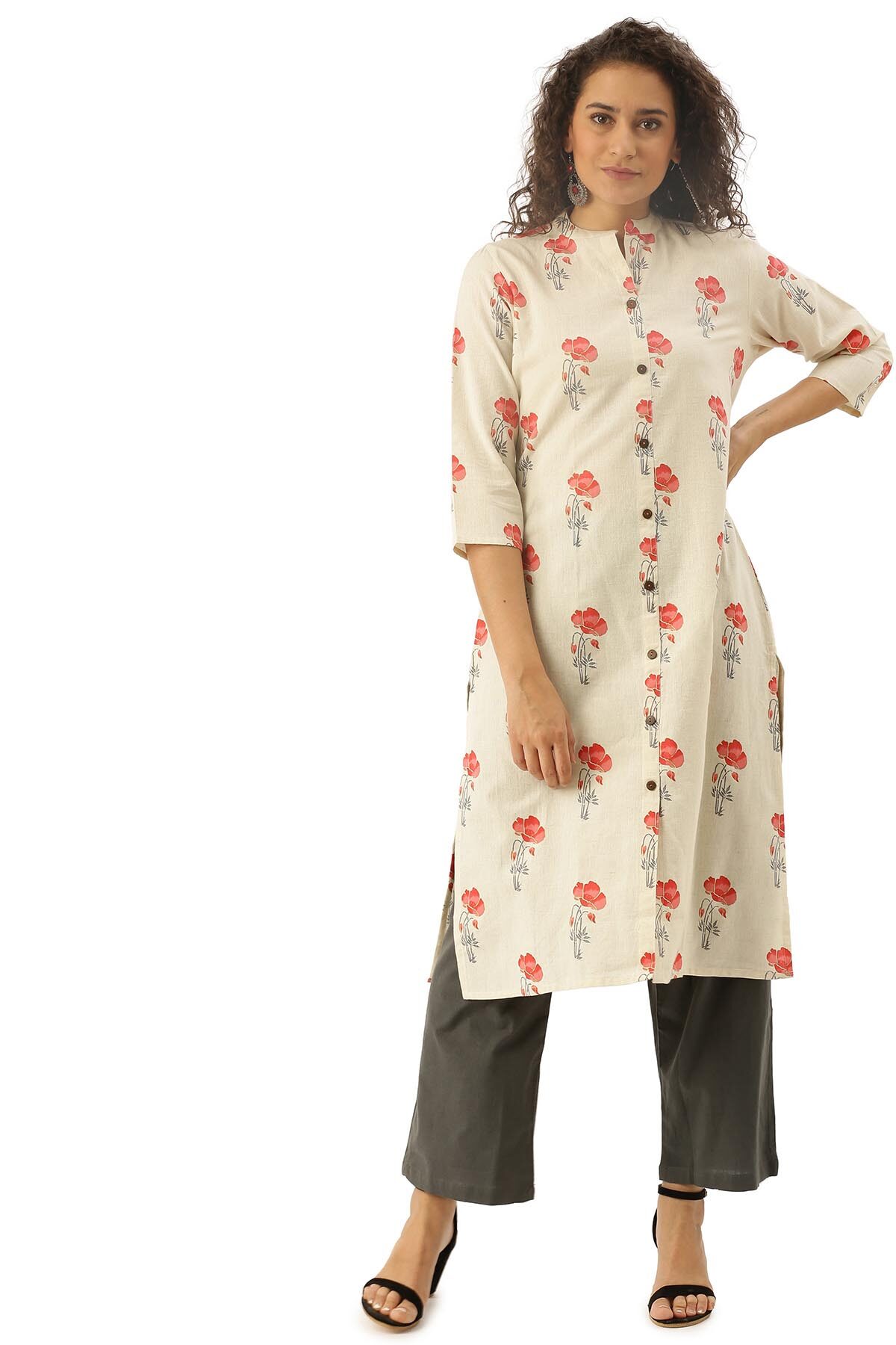 

Soch Women Cream Grey Floral Straight Kurti With Palazzo And Dupatta