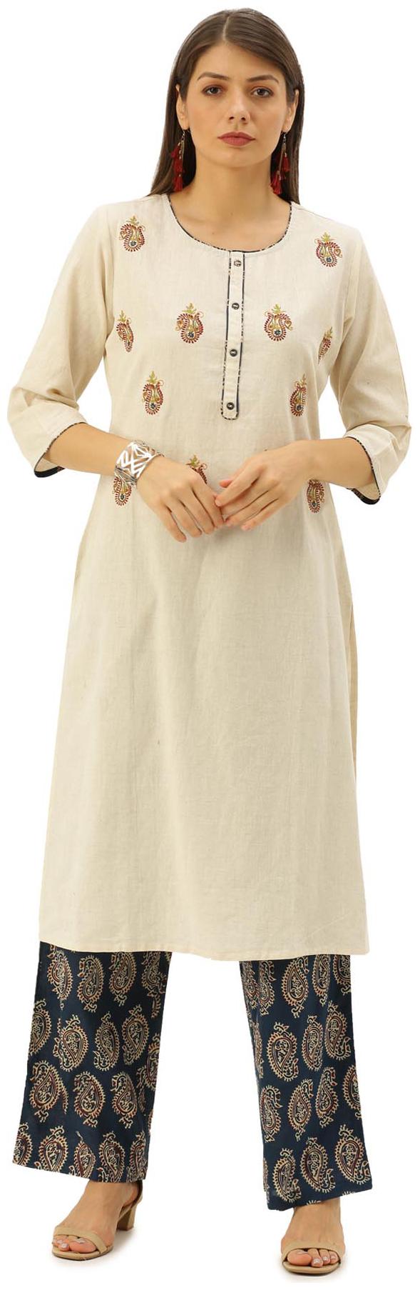 

Soch Cotton Blend Cream Embroidered Kurti For Women
