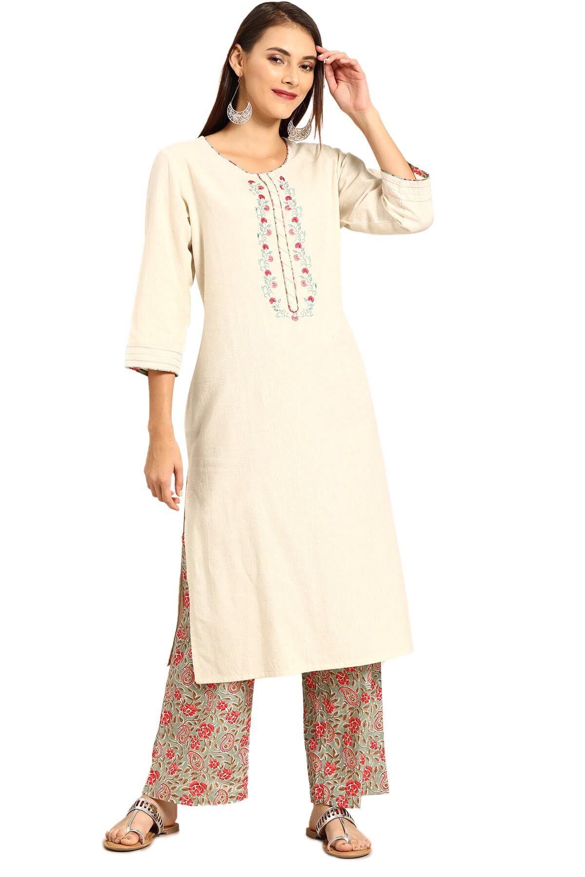 

Soch Cotton Blend Cream Embroidered Kurti For Women