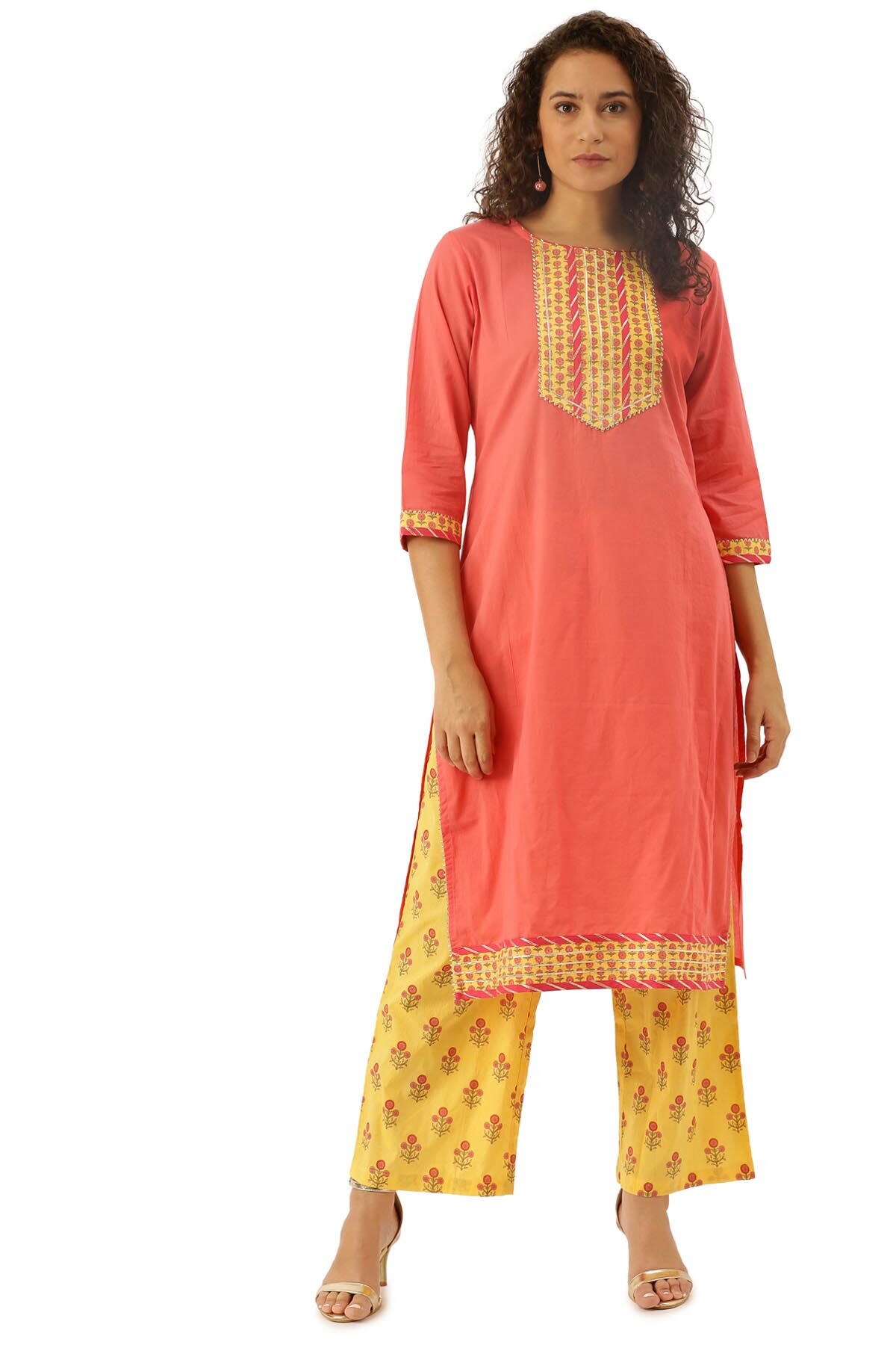 

Soch Women Peach Yellow Floral Straight Kurti With Palazzo And Dupatta