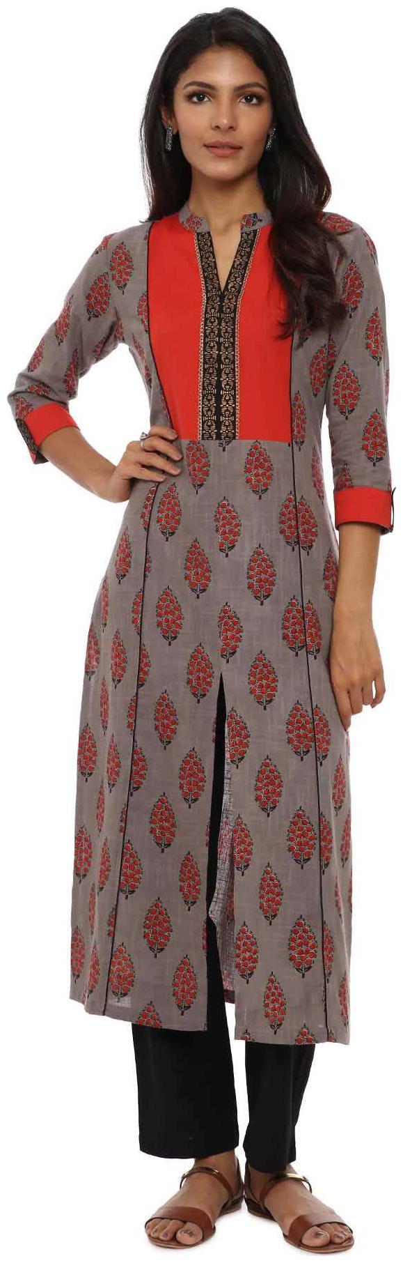 

Soch Grey Floral Print Straight Cotton Kurti Set