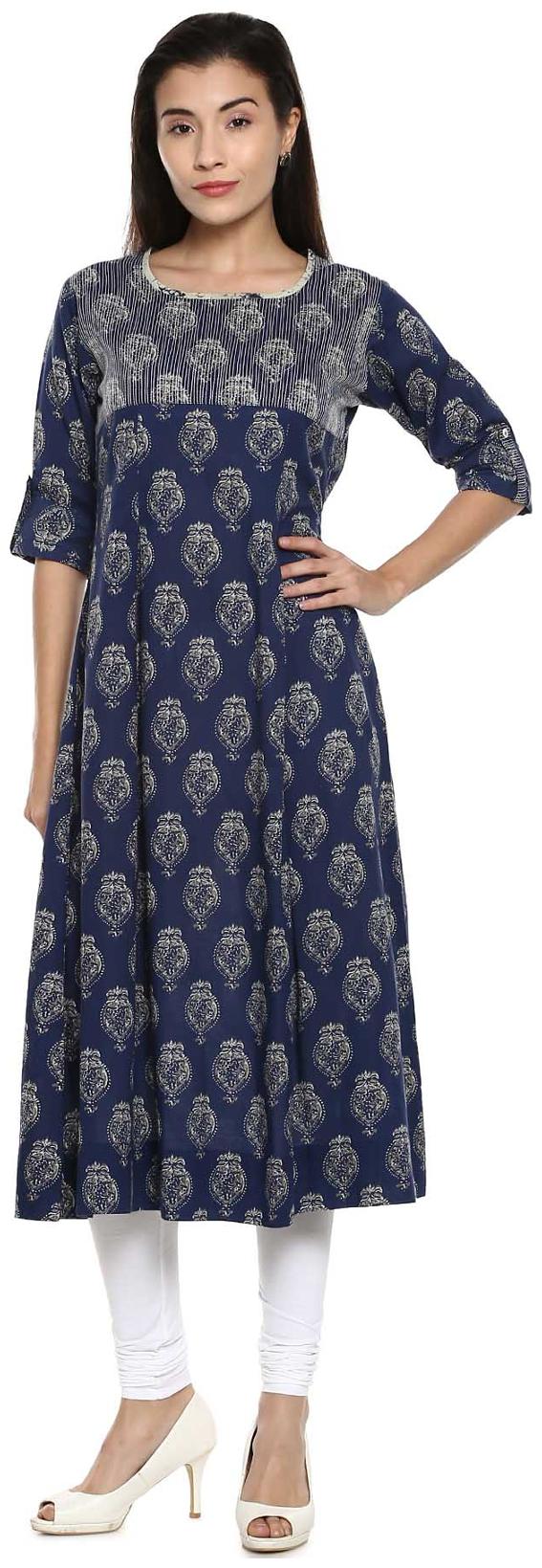 

Soch Indigo White Printed Cotton A-line Kurti