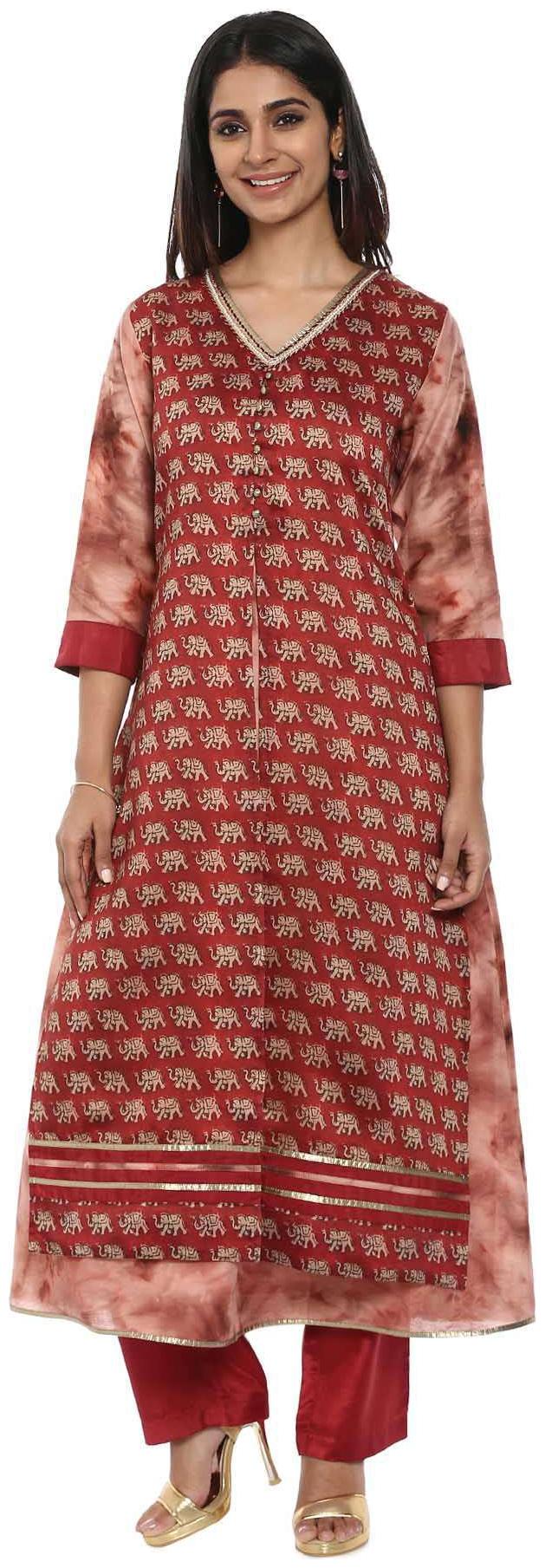 

Soch Maroon and Beige Embroidered Cotton Kurti Suit