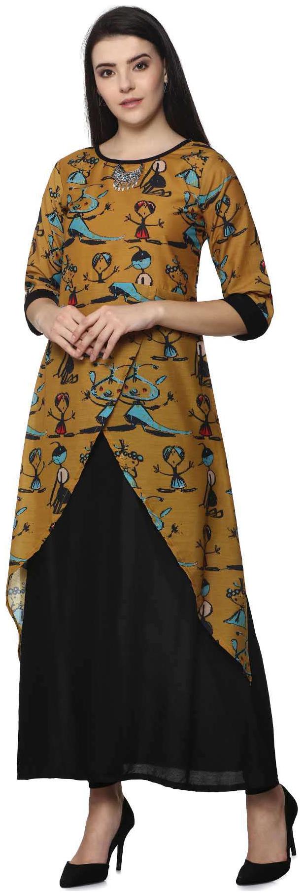 

Soch Mustard A Line Printed Rayon Kurti