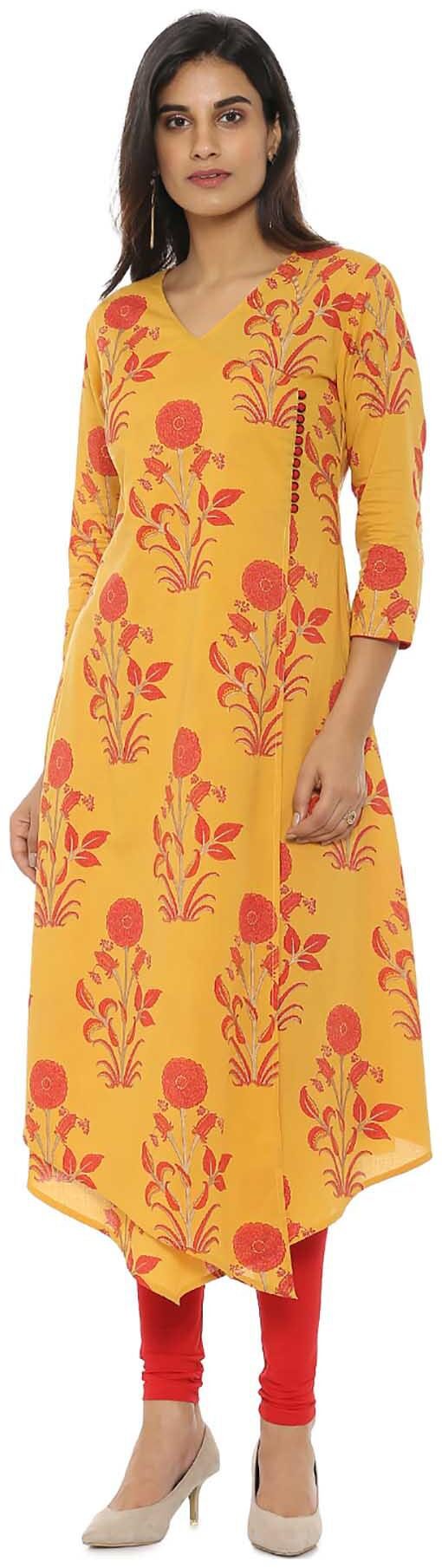

Soch Mustard Printed A-Line Cotton Kurti