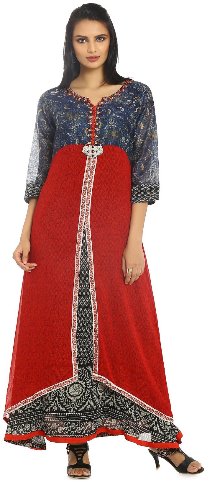 

Soch Navy Blue and Maroon Chanderi Printed Kurti