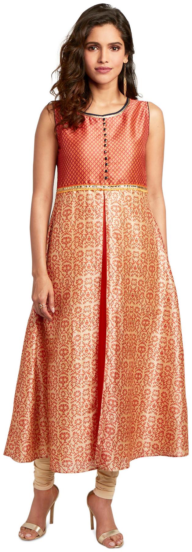 

Soch Orange Printed Calf Chanderi Kurtis