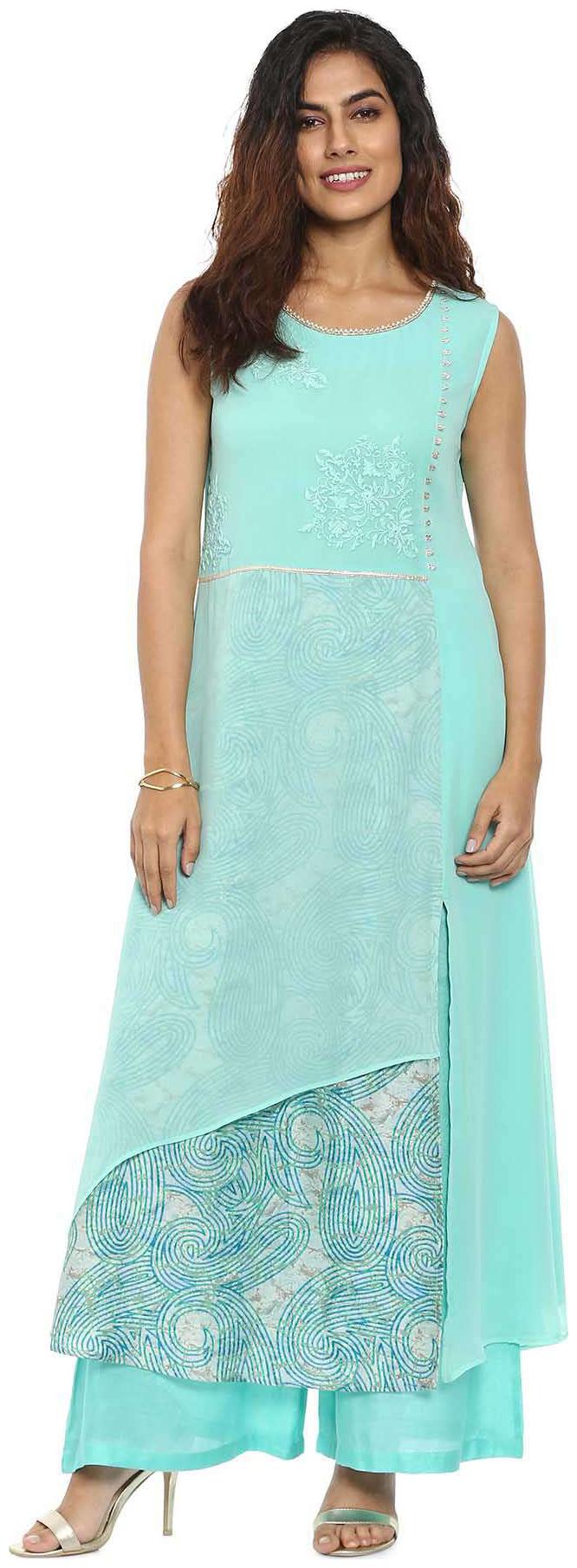 

Soch Sea Green and Light Gold Embroidered Georgette Kurti Suit