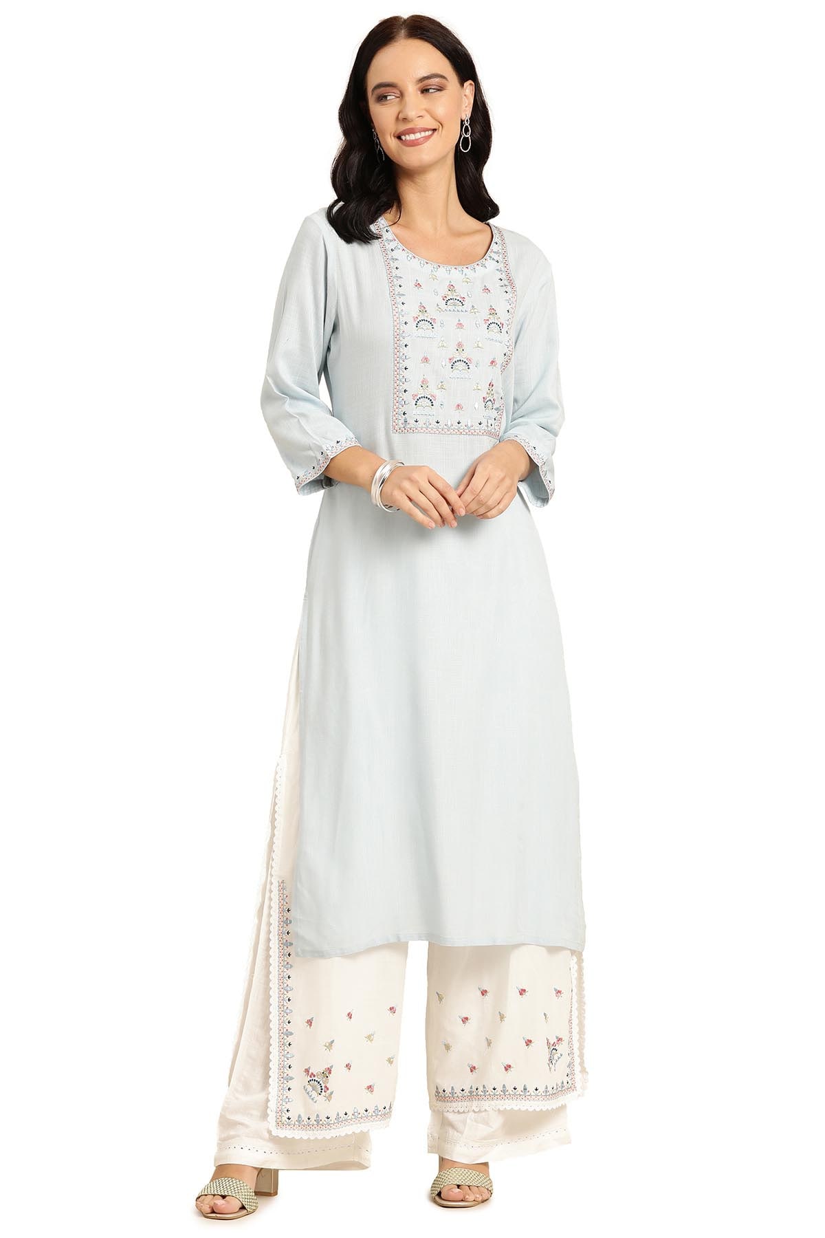 

Soch Viscose Rayon Embroidered Blue White Color Kurti and Palazzo