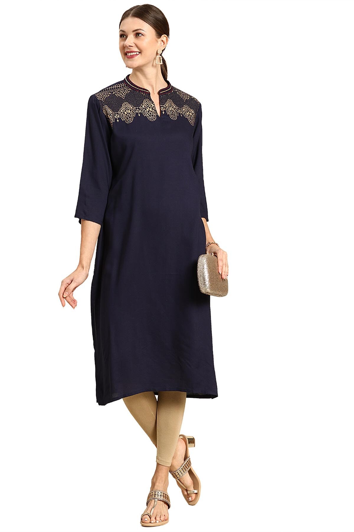

Soch Women Navy Blue Printed Straight Kurta