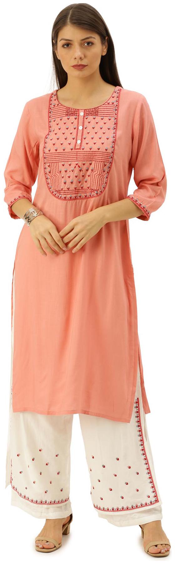 

Soch Viscose Rayon Peach Embroidered Kurti For Women