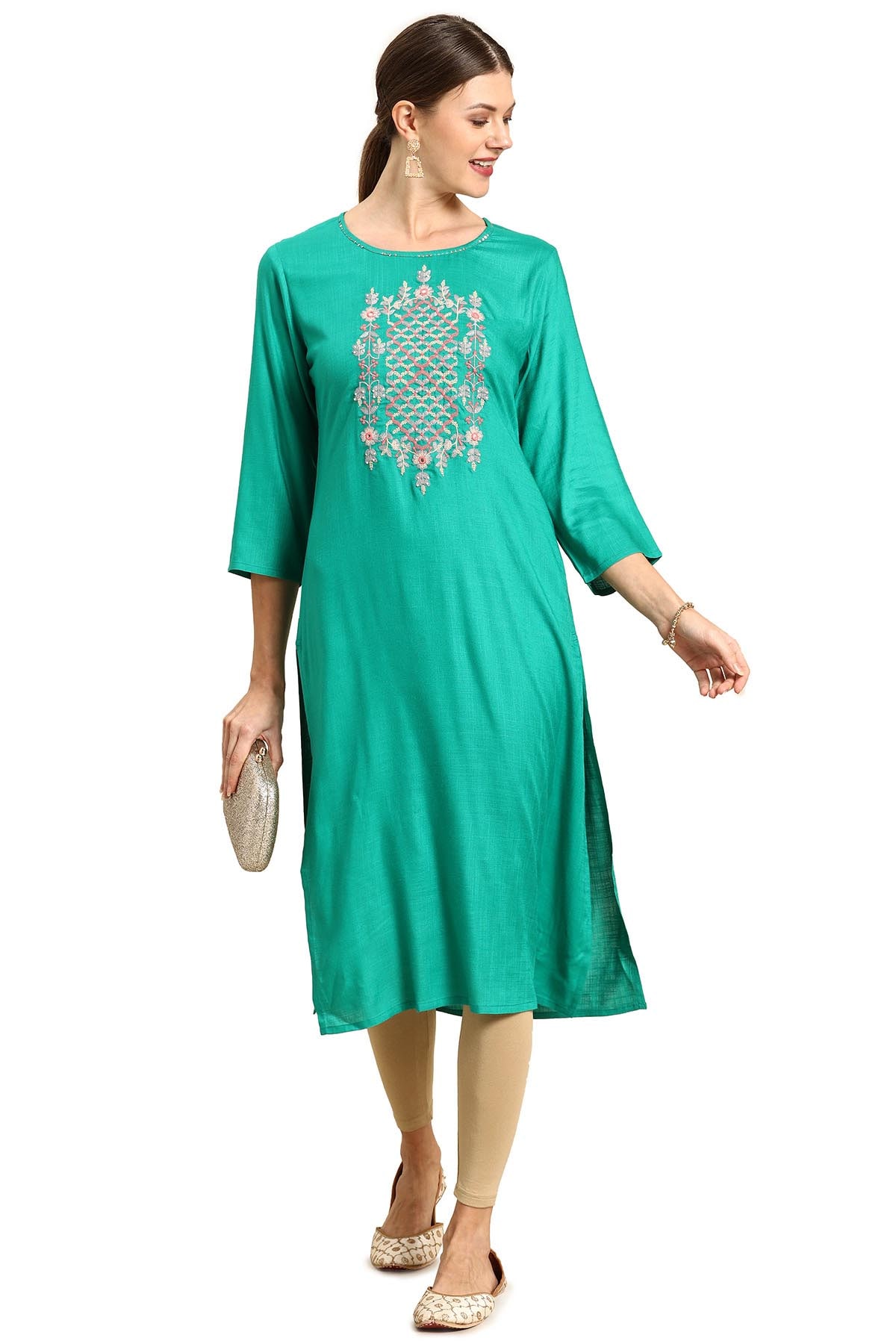

Soch Women Turquoise Embroidered Straight Kurta