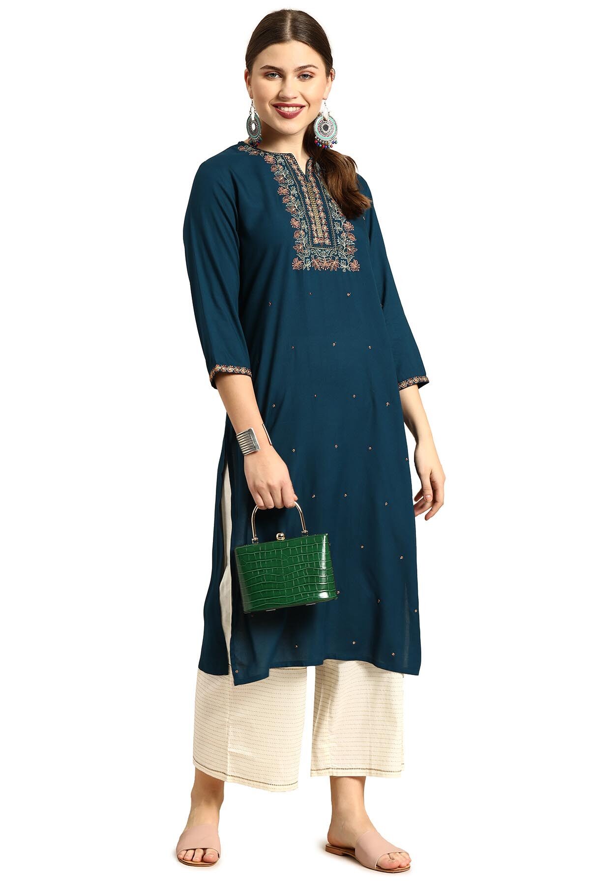 

Soch Women Blue Embroidered Straight Kurta
