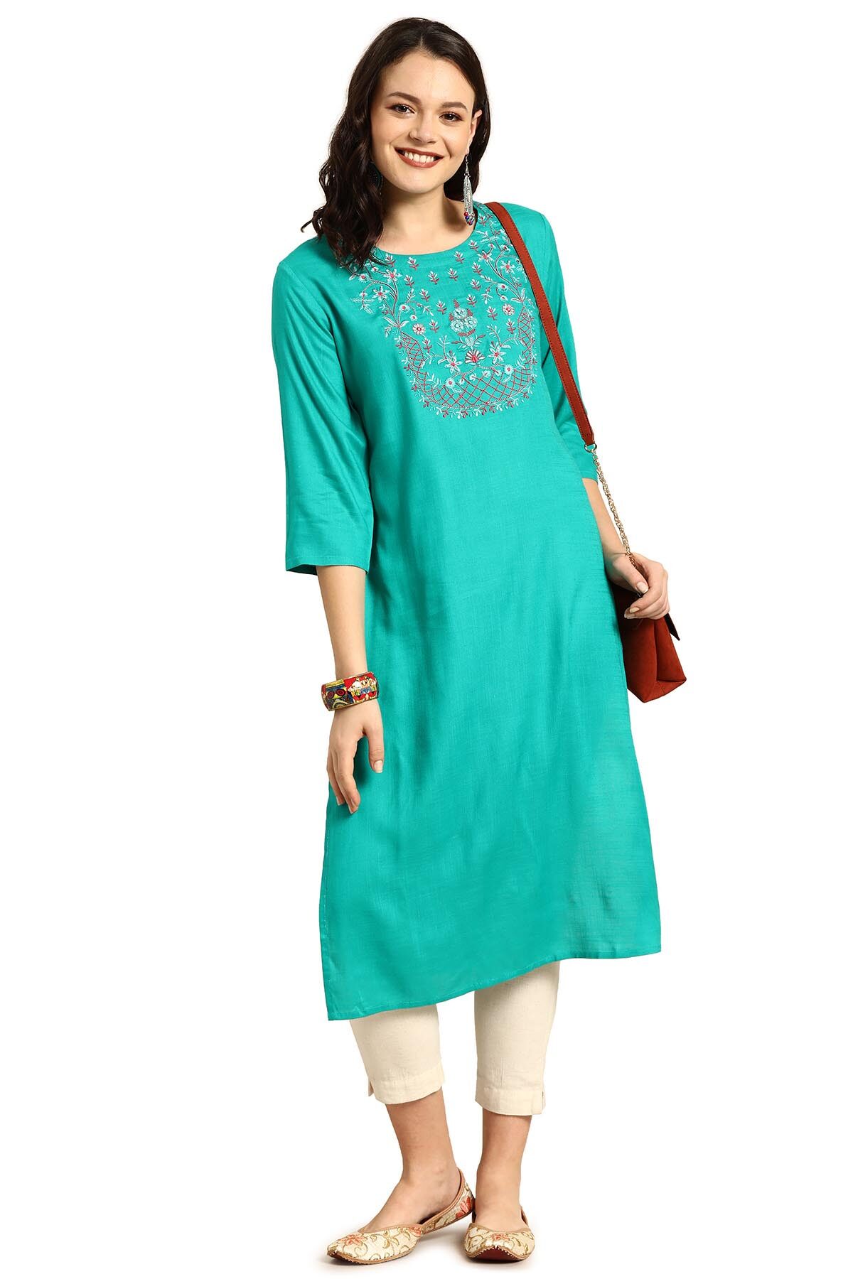 

Soch Women Turquoise Embroidered Straight Kurta