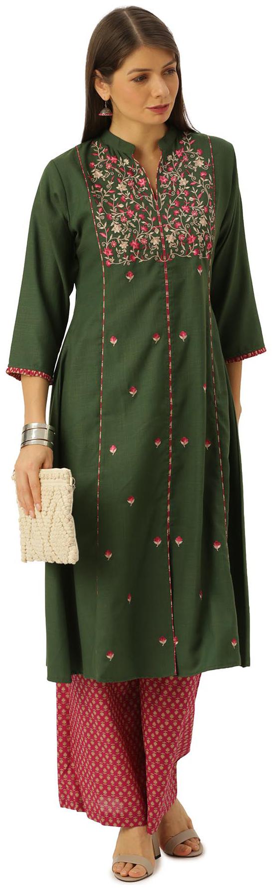 

Soch Viscose Rayon Green Embroidered Kurti For Women