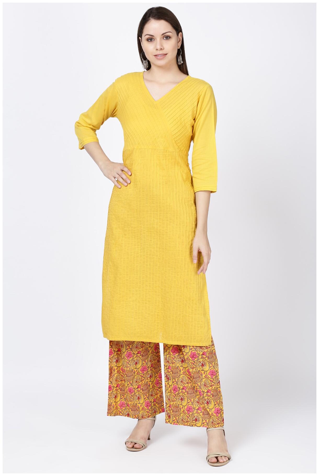 

Soch Women Yellow Striped Straight Kurti With Palazzo