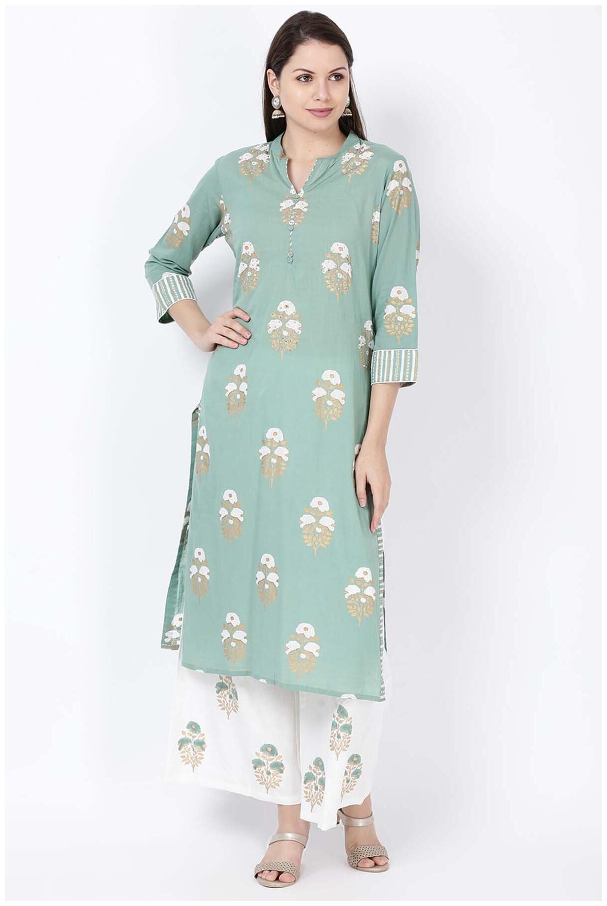

Soch Women Green Printed Straight Kurti With Pyjamas