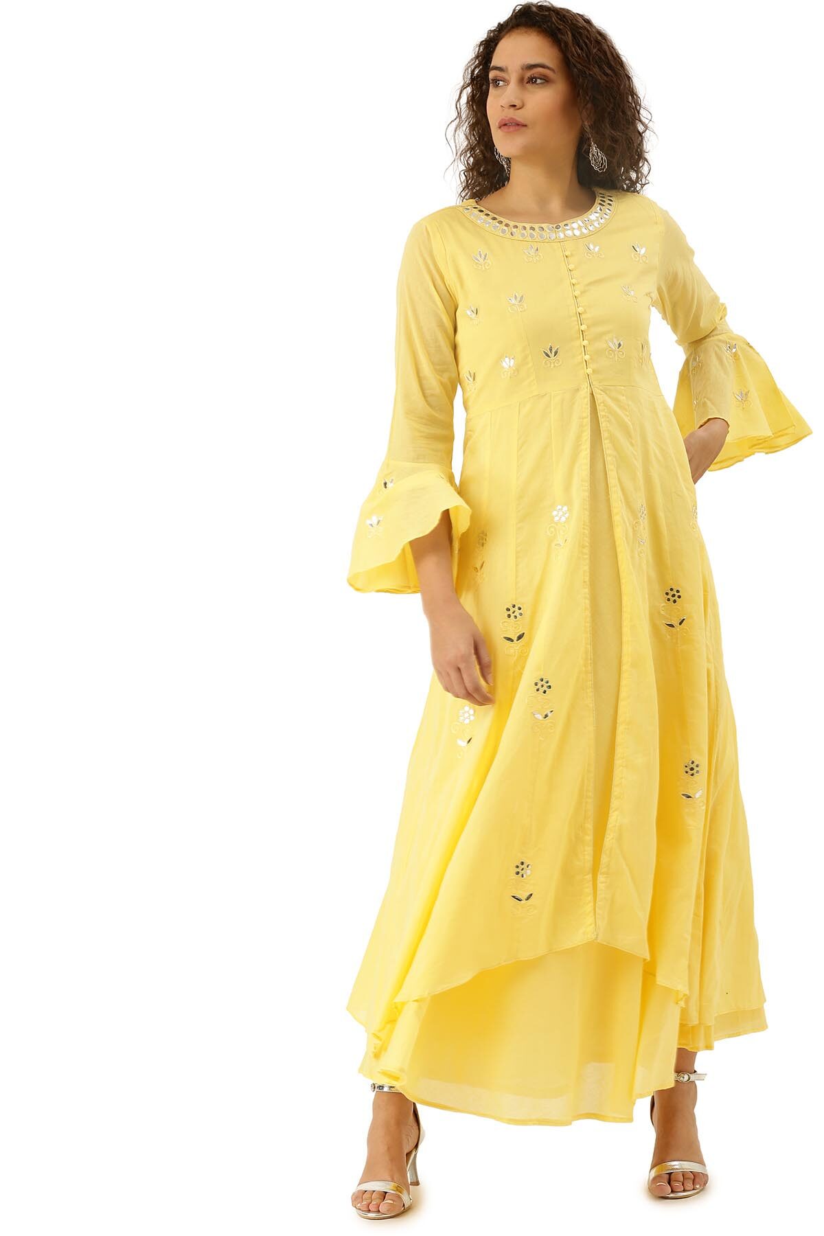 

Soch Yellow Embroidered Fit flare dress