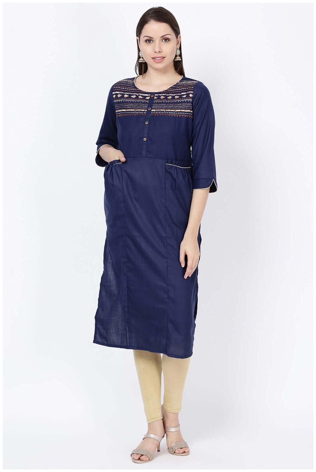

Soch Women Navy Blue Embroidered Straight Kurta