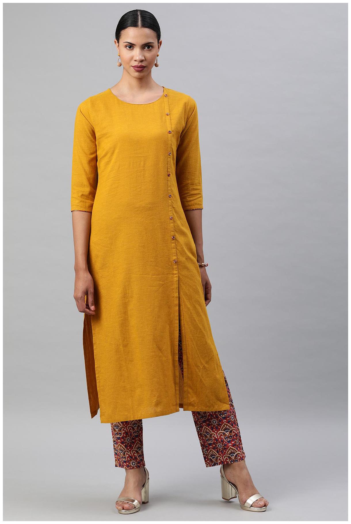 

Soch Women Yellow Solid Straight Kurti With Pyjamas