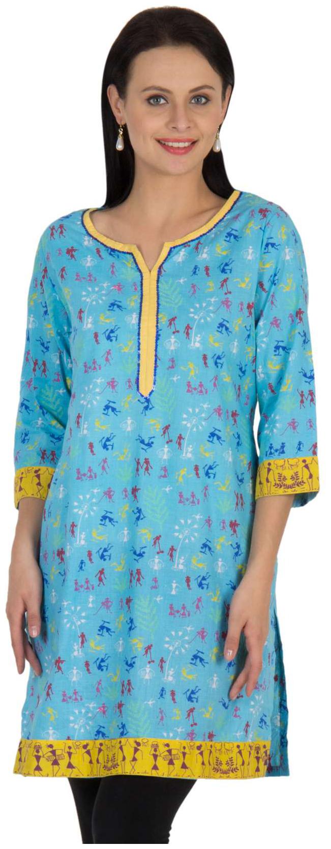 

Sohniye Blue Cotton Printed 3 4th Sleeves Medium Kurti