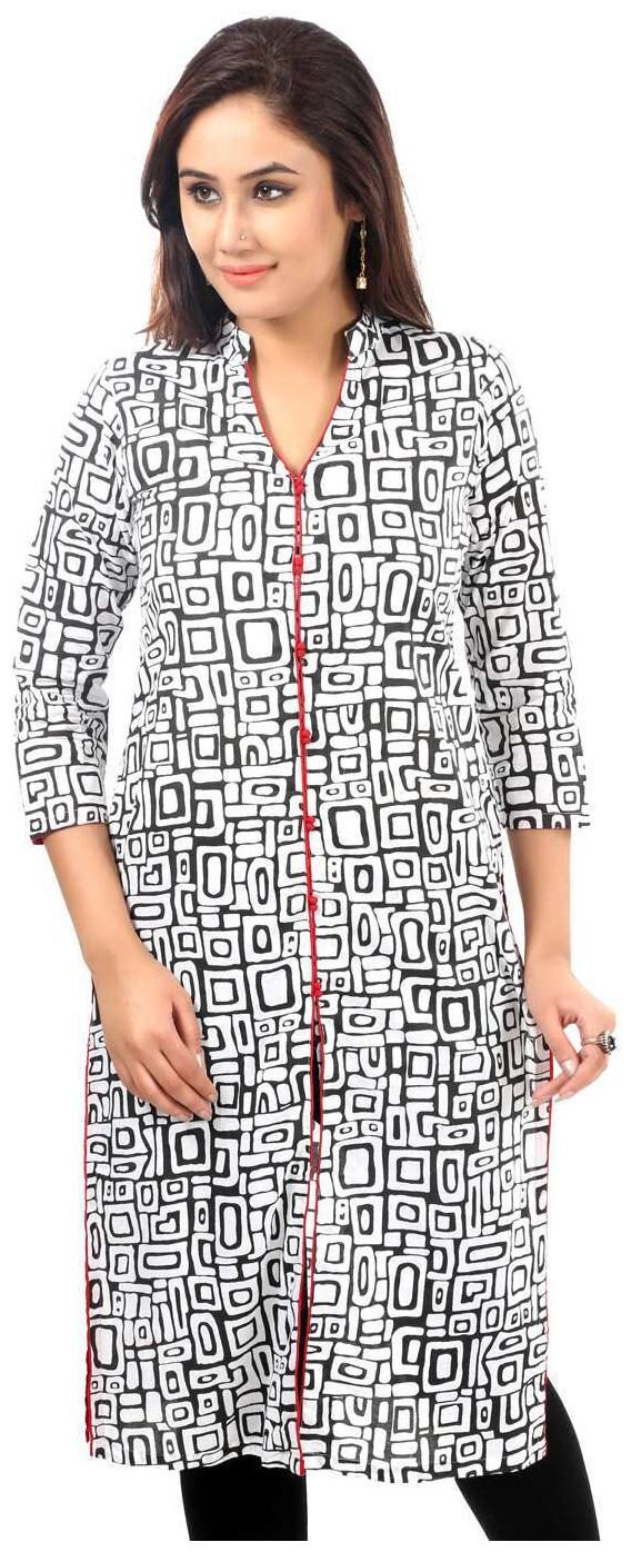 

Sohniye White Black Cotton Printed 3 4th Sleeves Long Kurti
