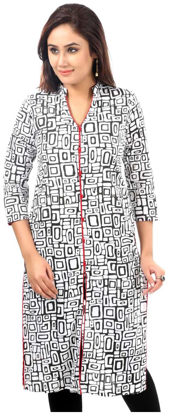 

Sohniye White Black Cotton Printed 3 4th Sleeves Long Kurti