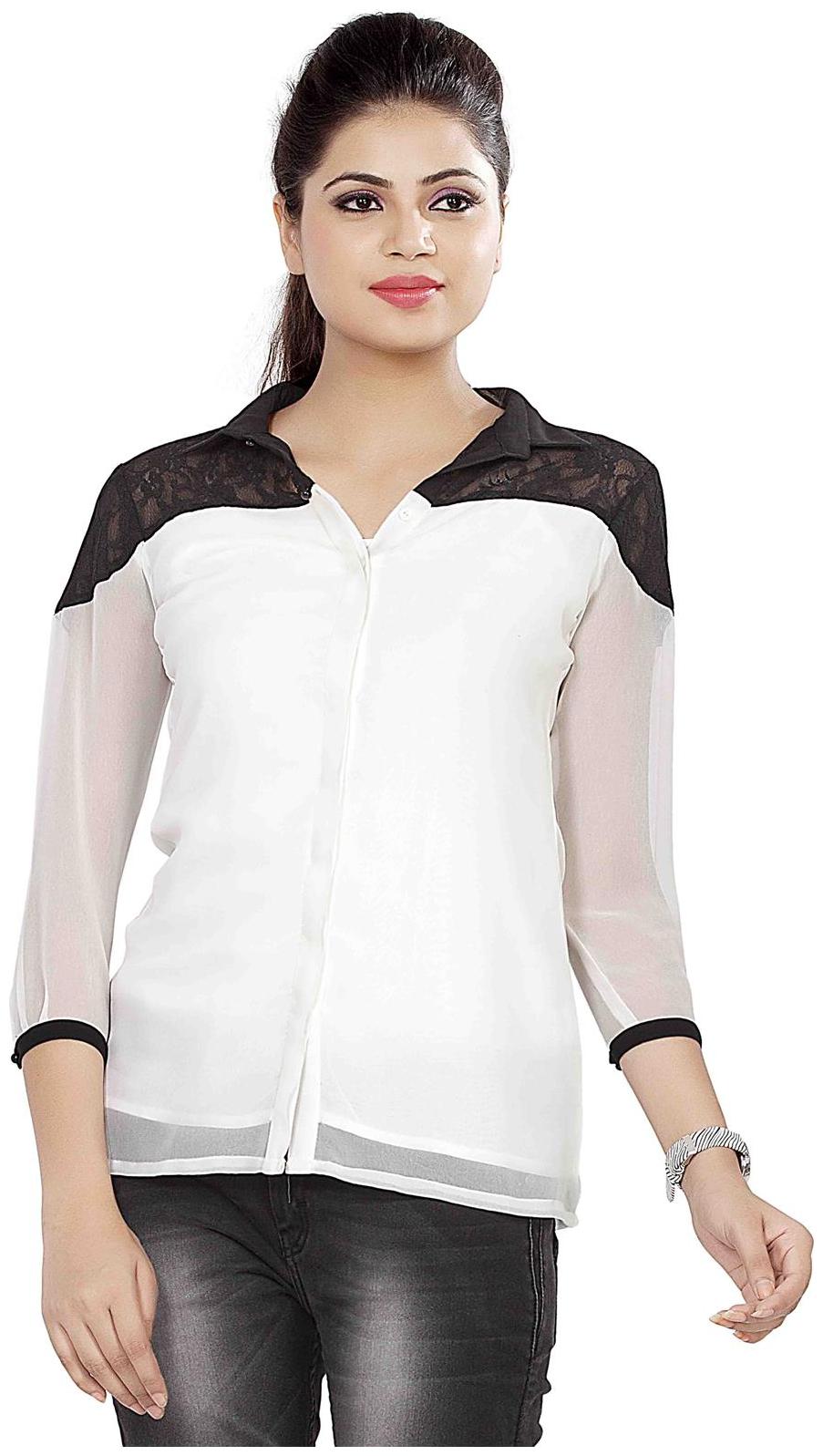 

SOIE 3 4th sleeved georgette shirt with contrast lace shoulder yoke collar and sleeve placket