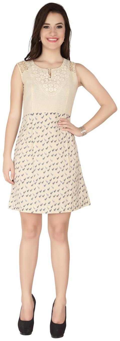 

soie A-LINE COTTON DRESS WITH PRINTED BOTTOM AND NECKLINE WITH LACEWORK