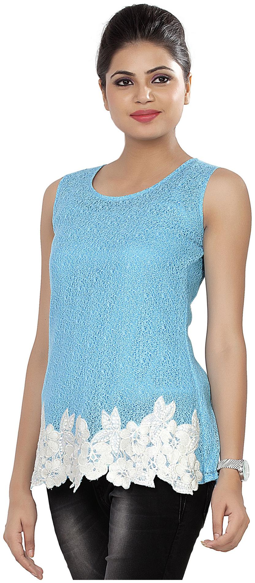 

Soie Sky Blue Solid Sleeveless Women s Top