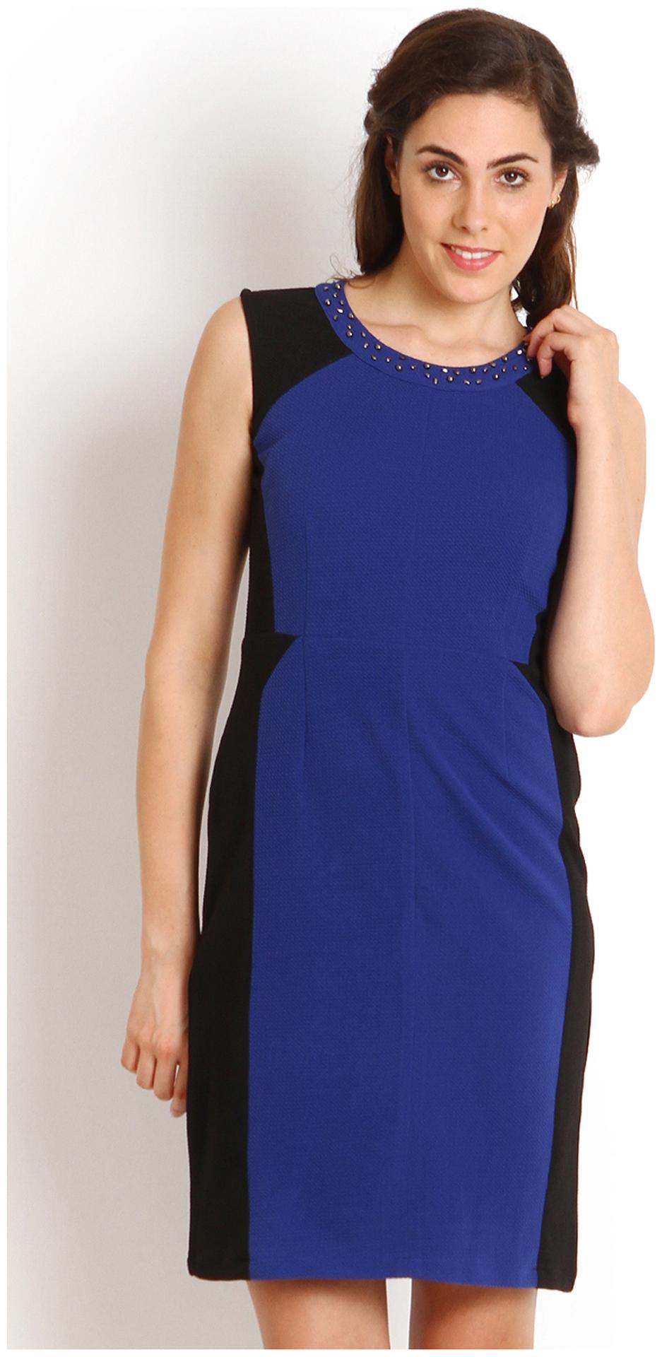 

Soie R Blue Sleeveless Solid A-Line Dress