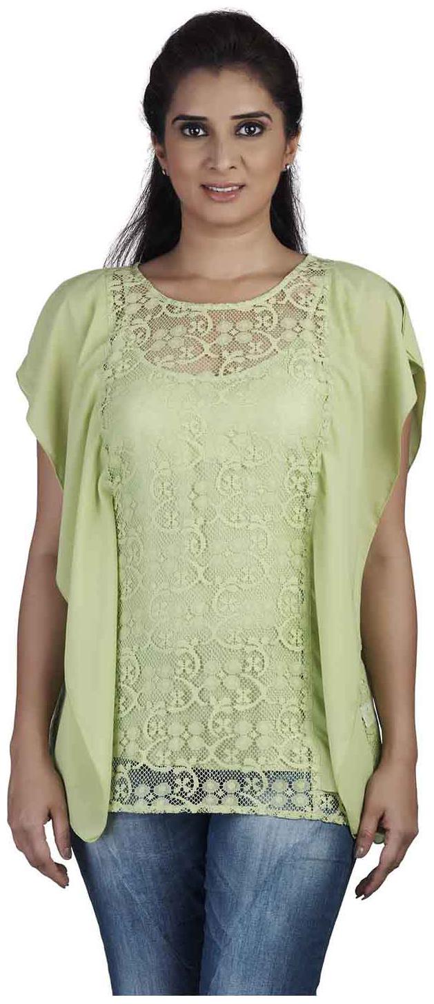 

SOIE Casual Butterfly Sleeve Embroidered Women s Green Top