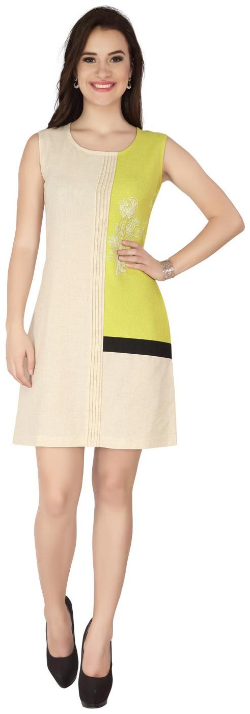 

soie colour block sleeveless dress with round neck with embroidery
