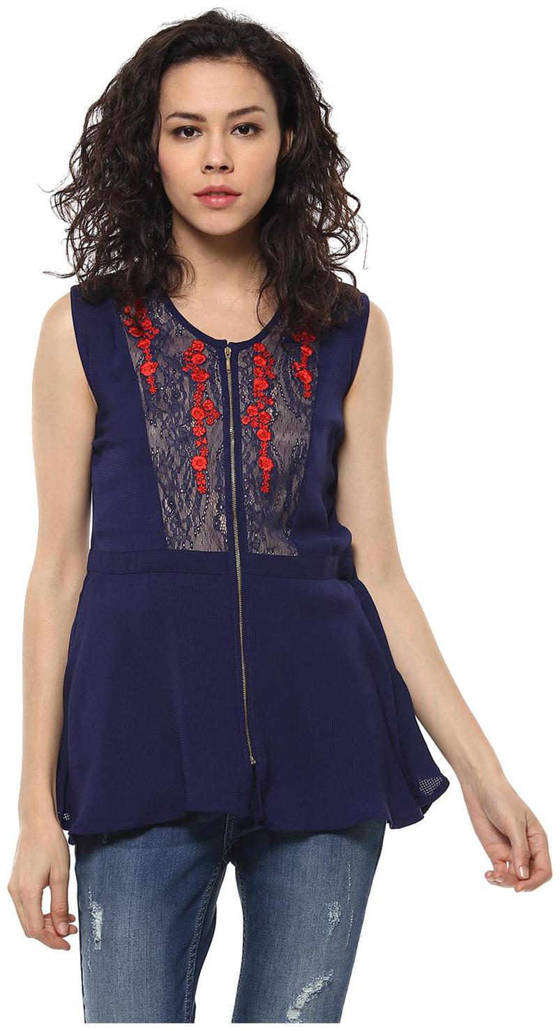 

Soie Embroidered Yoke And Front Zipper Top
