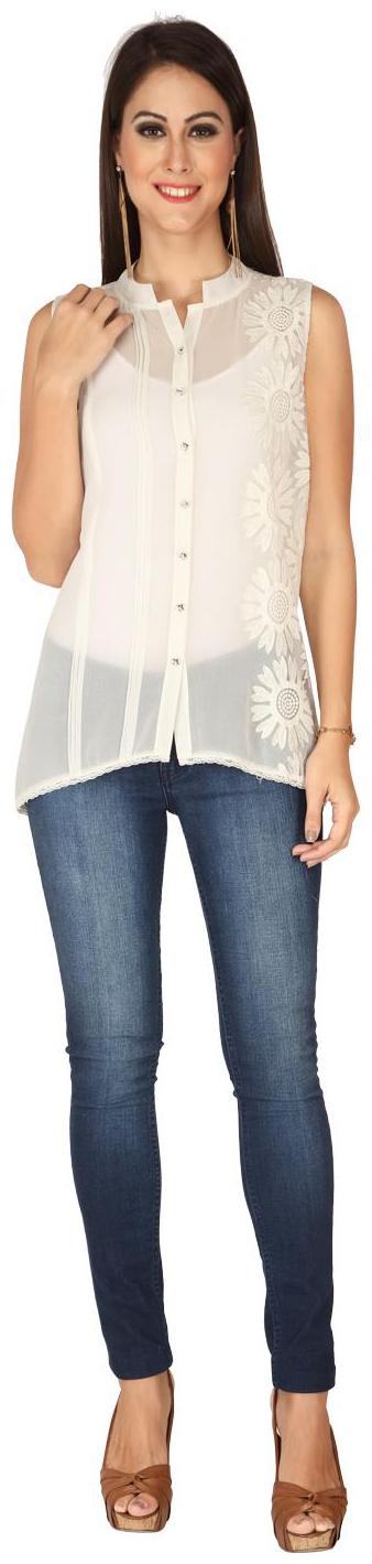 

soie embroidered top with stand collar