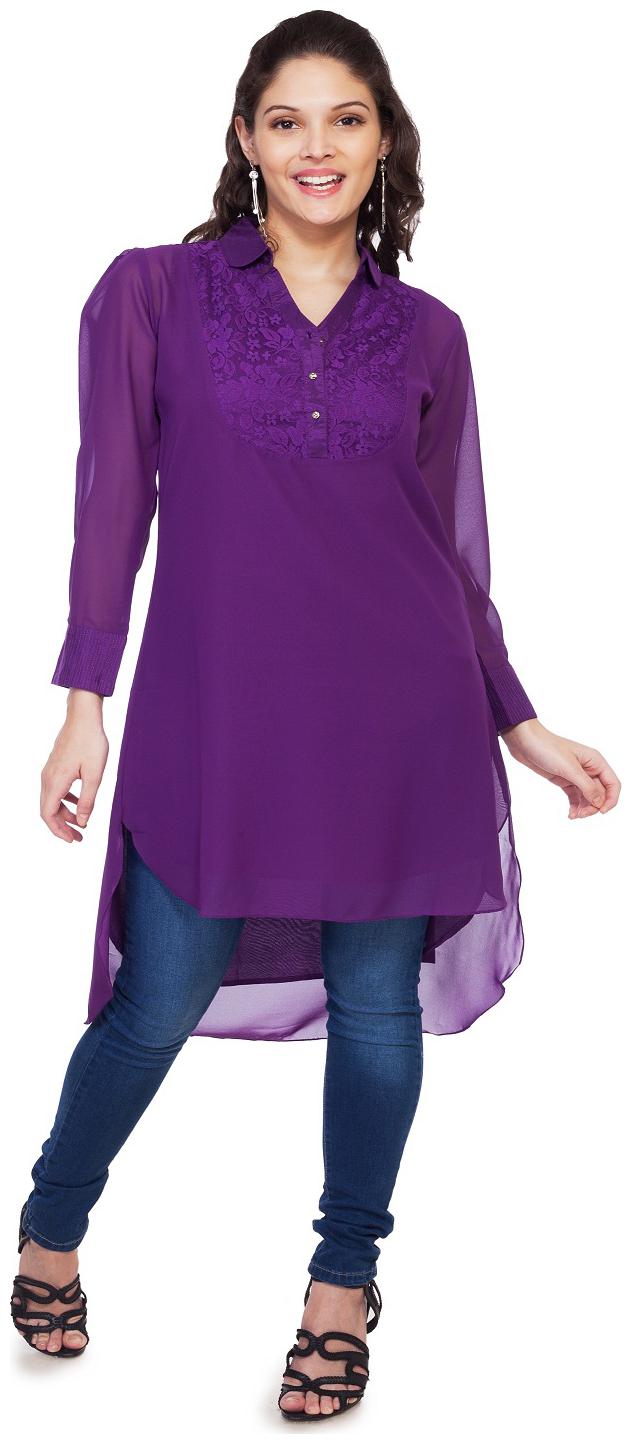 

SOIE GEORGETTE TUNIC WITH LACE YOKE SATIN CUFF AND HIGH-LOW HEMLINE