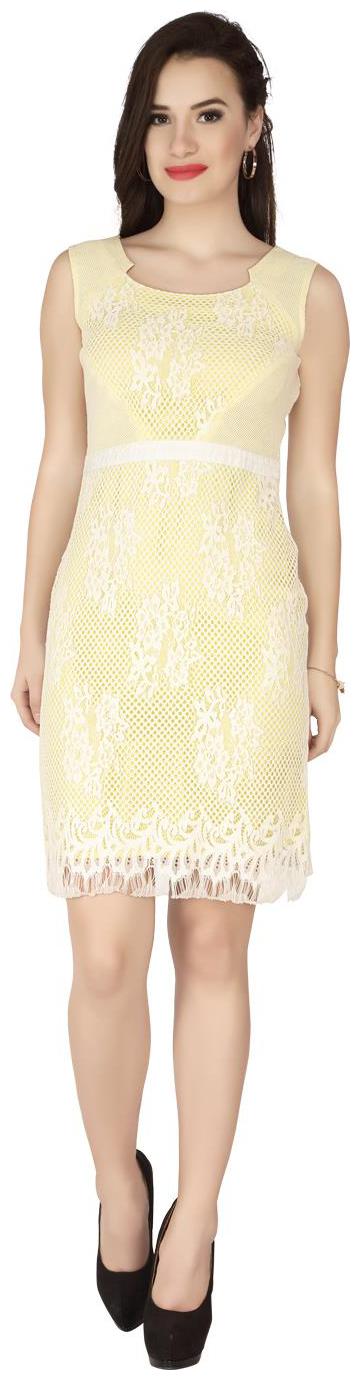 

soie LACE FABRIC DRESS WITH INTERESTING NECK DETAILS CONTRAST COLOR LINING AND LACY HEMLINE FINISH