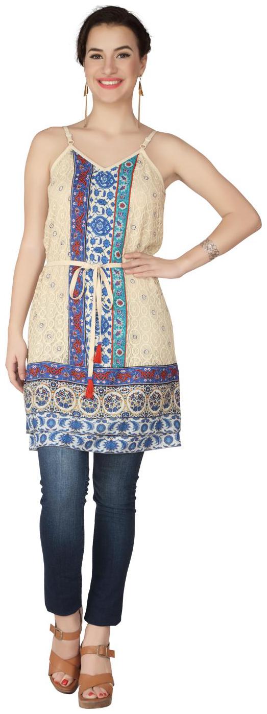 

SOIE lace tunic with straps belt at waist and printed panel at center front and hem
