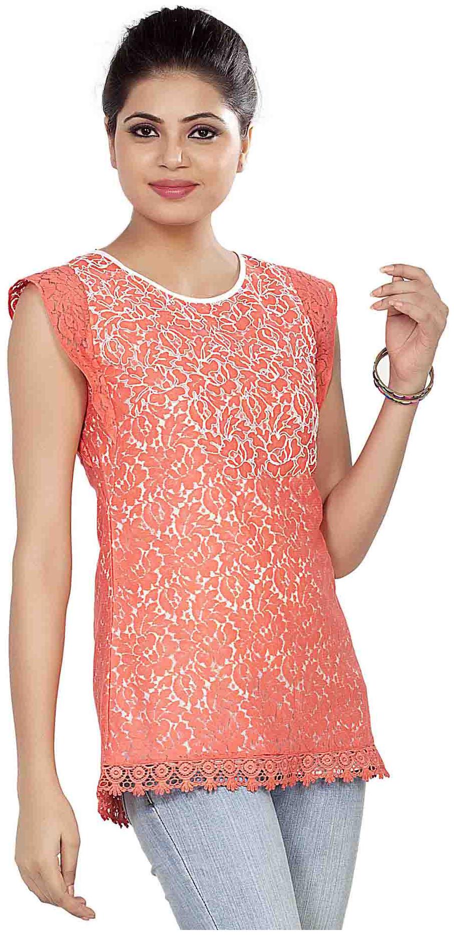 

Soie Peach Solid Cap Sleeves Women s Top